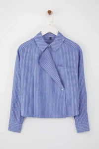 TRENDYOLMİLLA Mavi-Multicolored Jacket Yaka Oversized Striped Weaving Shirt - Image 5