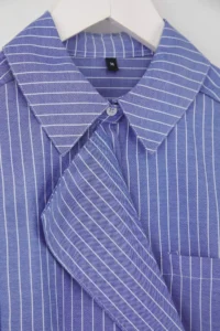 TRENDYOLMİLLA Mavi-Multicolored Jacket Yaka Oversized Striped Weaving Shirt - Image 7