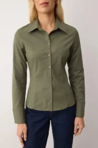 TRENDYOLMİLLA Wardrobe Essentials Khaki Hafif Bele Oturan Cotton Weaving Shirt - Image 3
