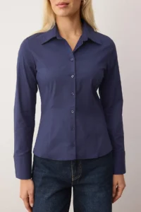 TRENDYOLMİLLA Wardrobe Essentials Navy Blue Hafif Bele Oturan Cotton Weaving Shirt - Image 3