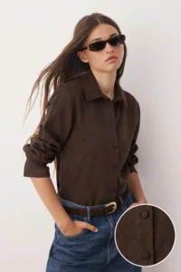 TRENDYOLMİLLA Dark Brown Regular Fit Suede Shirt