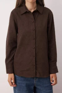 TRENDYOLMİLLA Dark Brown Regular Fit Suede Shirt - Image 3