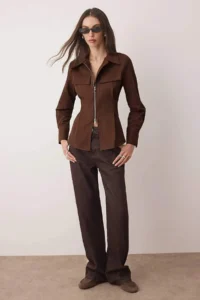 TRENDYOLMİLLA Dark Brown Zipper Detailed Shirt - Image 6