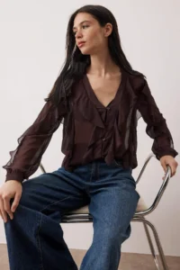 TRENDYOLMİLLA Brown with flywheel Boho Shirt - Image 2
