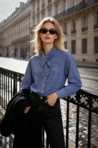 TRENDYOLMİLLA Navy Blue Striped Scarf tied up Shirt