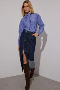 TRENDYOLMİLLA Navy Blue Striped Scarf tied up Shirt - Image 3