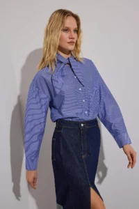TRENDYOLMİLLA Navy Blue Striped Scarf tied up Shirt - Image 4