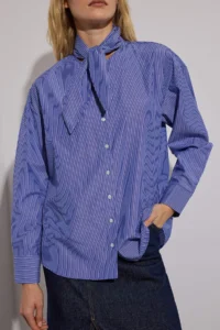 TRENDYOLMİLLA Navy Blue Striped Scarf tied up Shirt - Image 5