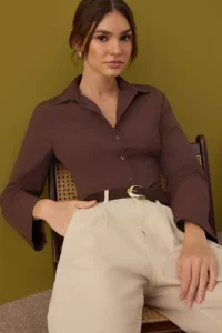 TRENDYOLMİLLA Brown Corset Detailed Waist-Fitting Shirt - Image 2