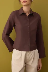 TRENDYOLMİLLA Brown Corset Detailed Waist-Fitting Shirt - Image 3