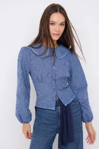 TRENDYOLMİLLA Teen Baby Collar Detailed Checkered Waist Blue Shirt