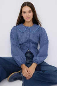 TRENDYOLMİLLA Teen Baby Collar Detailed Checkered Waist Blue Shirt - Image 2