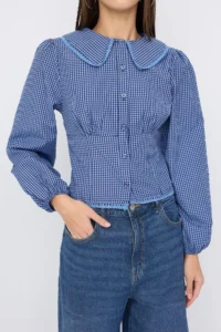 TRENDYOLMİLLA Teen Baby Collar Detailed Checkered Waist Blue Shirt - Image 3