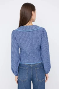 TRENDYOLMİLLA Teen Baby Collar Detailed Checkered Waist Blue Shirt - Image 4