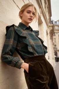 TRENDYOLMİLLA Green-Multicolored Boho Plaid textured Ruffle Detailed Shirt