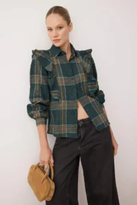 TRENDYOLMİLLA Green-Multicolored Boho Plaid textured Ruffle Detailed Shirt - Image 2