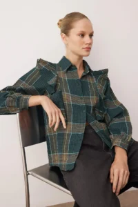 TRENDYOLMİLLA Green-Multicolored Boho Plaid textured Ruffle Detailed Shirt - Image 3