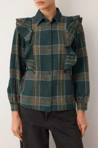 TRENDYOLMİLLA Green-Multicolored Boho Plaid textured Ruffle Detailed Shirt - Image 4