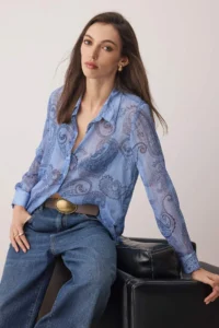 TRENDYOLMİLLA Mavi Boho Shawl Patterned Unlined Yoryo Siphon Shirt