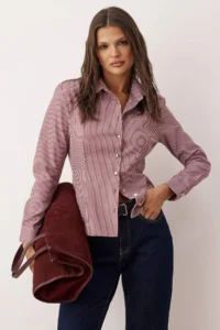 TRENDYOLMİLLA Burgundy Multicolored Striped Silver Button Detailed Padded Shirt