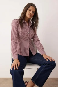 TRENDYOLMİLLA Burgundy Multicolored Striped Silver Button Detailed Padded Shirt - Image 2