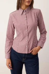 TRENDYOLMİLLA Burgundy Multicolored Striped Silver Button Detailed Padded Shirt - Image 3