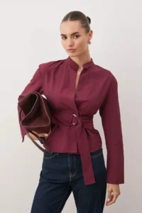 TRENDYOLMİLLA Burgundy Belted Front Snaps Adjustable Shirt
