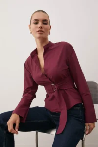 TRENDYOLMİLLA Burgundy Belted Front Snaps Adjustable Shirt - Image 2
