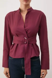 TRENDYOLMİLLA Burgundy Belted Front Snaps Adjustable Shirt - Image 3