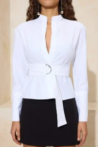 TRENDYOLMİLLA White Belted Front Snaps Adjustable Shirt - Image 3