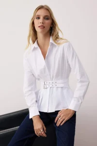 TRENDYOLMİLLA White Belt Detailed Pleated Shirt - Image 2