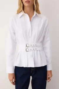 TRENDYOLMİLLA White Belt Detailed Pleated Shirt - Image 3