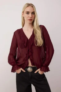 TRENDYOLMİLLA Plum Boho Wrinkled Siphon Transparent Shirt