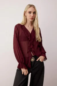 TRENDYOLMİLLA Plum Boho Wrinkled Siphon Transparent Shirt - Image 2