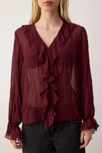 TRENDYOLMİLLA Plum Boho Wrinkled Siphon Transparent Shirt - Image 3