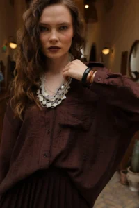 TRENDYOLMİLLA Brown textured Pocket Detail Weaving Shirt - Image 2
