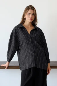 TRENDYOLMİLLA Black Striped Oversized/Wide Pattern textured Shirt