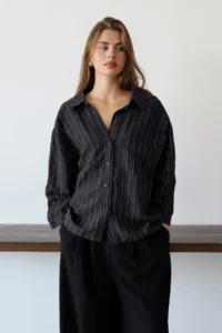 TRENDYOLMİLLA Black Striped Oversized/Wide Pattern textured Shirt - Image 2