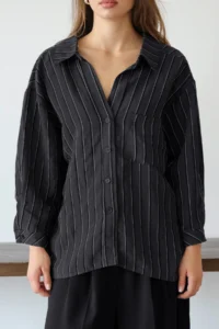 TRENDYOLMİLLA Black Striped Oversized/Wide Pattern textured Shirt - Image 3