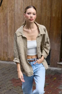 TRENDYOLMİLLA Green Striped Oversized/Wide Pattern textured Shirt - Image 2