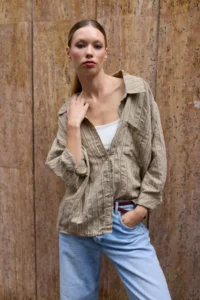 TRENDYOLMİLLA Green Striped Oversized/Wide Pattern textured Shirt - Image 3