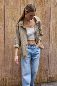TRENDYOLMİLLA Green Striped Oversized/Wide Pattern textured Shirt - Image 4