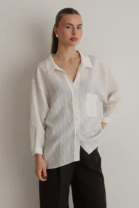 TRENDYOLMİLLA White Striped Oversized/Wide Pattern textured Shirt - Image 2