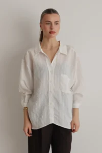 TRENDYOLMİLLA White Striped Oversized/Wide Pattern textured Shirt - Image 3