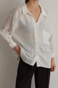 TRENDYOLMİLLA White Striped Oversized/Wide Pattern textured Shirt - Image 4