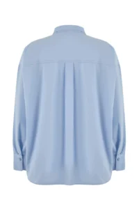 TRENDYOLMİLLA Trendyol Studio Light Blue Oversized Asymmetric Cotton Poplin Shirt - Image 3