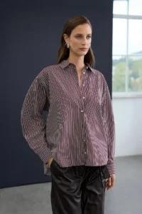 TRENDYOLMİLLA Trendyol Studio Burgundy-Multicolored Striped Oversized Cotton Poplin Shirt
