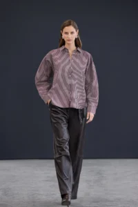 TRENDYOLMİLLA Trendyol Studio Burgundy-Multicolored Striped Oversized Cotton Poplin Shirt - Image 2
