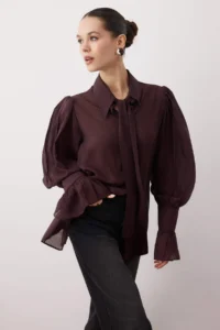 TRENDYOLMİLLA Brown Binding Detailed Lightly Transparent Soft Feeling Boho Shirt