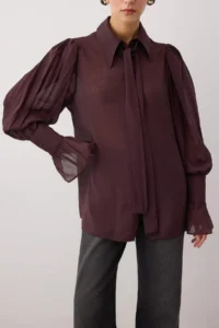 TRENDYOLMİLLA Brown Binding Detailed Lightly Transparent Soft Feeling Boho Shirt - Image 3